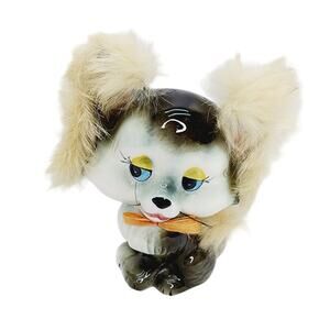 Vintage Norleans Japan Brown & White Ceramic Kitty with fluffy Ears & Tail